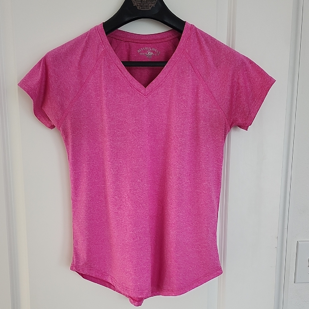 Beverly Hills Polo Club Pink V-Neck Short Sleeve Tee Woman's Medium Dryfit